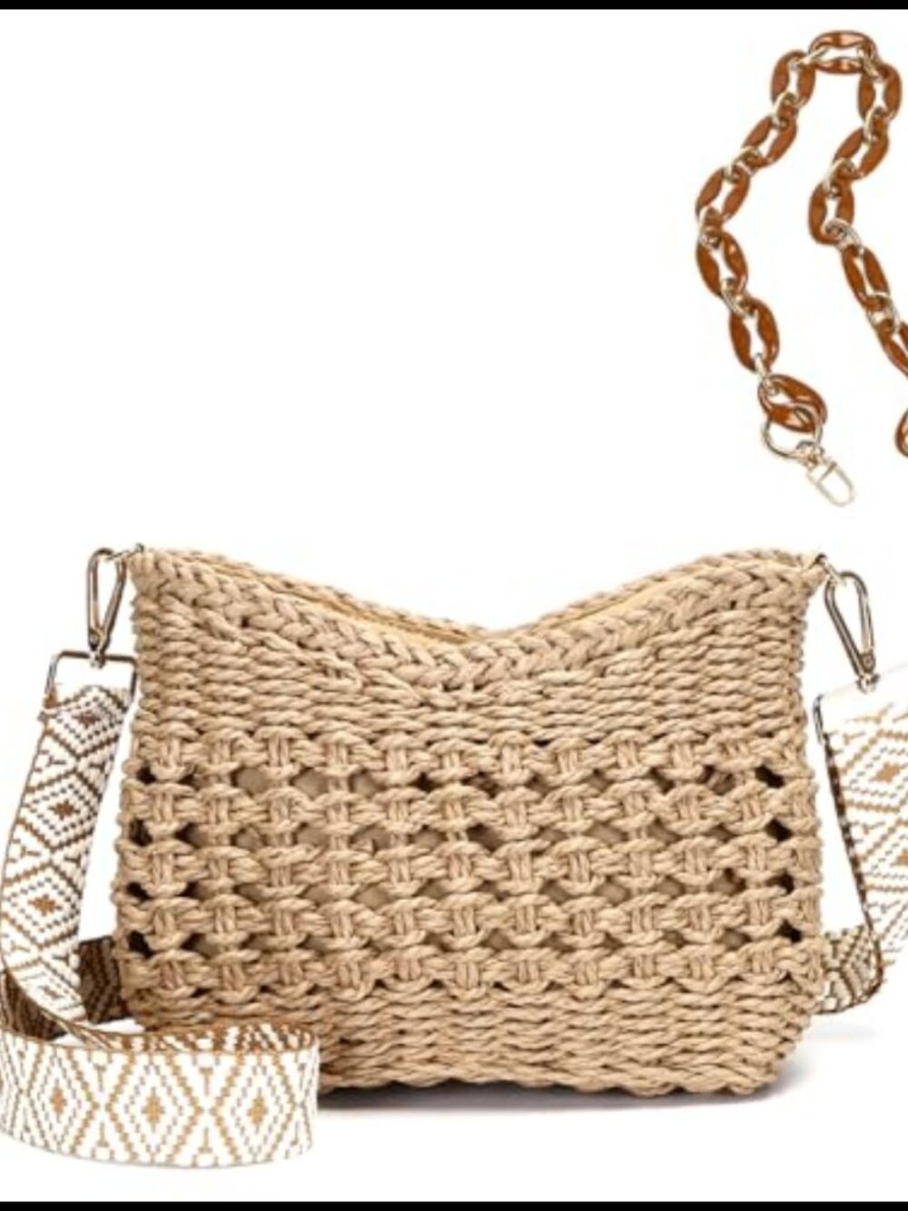 Straw Woven Crossbody Bag Guitar Chain Strap Beach Purse
